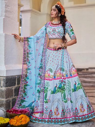 Enchanting Sky-Blue Printed Art Silk Festival Wear Lehenga Choli